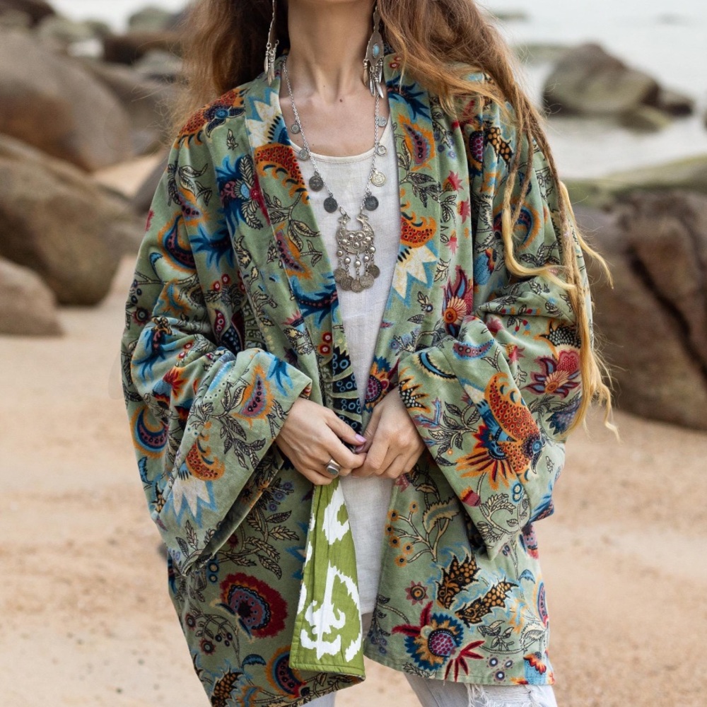 Zinnia Pearl light green bohemian floral velvet kimono cardigan